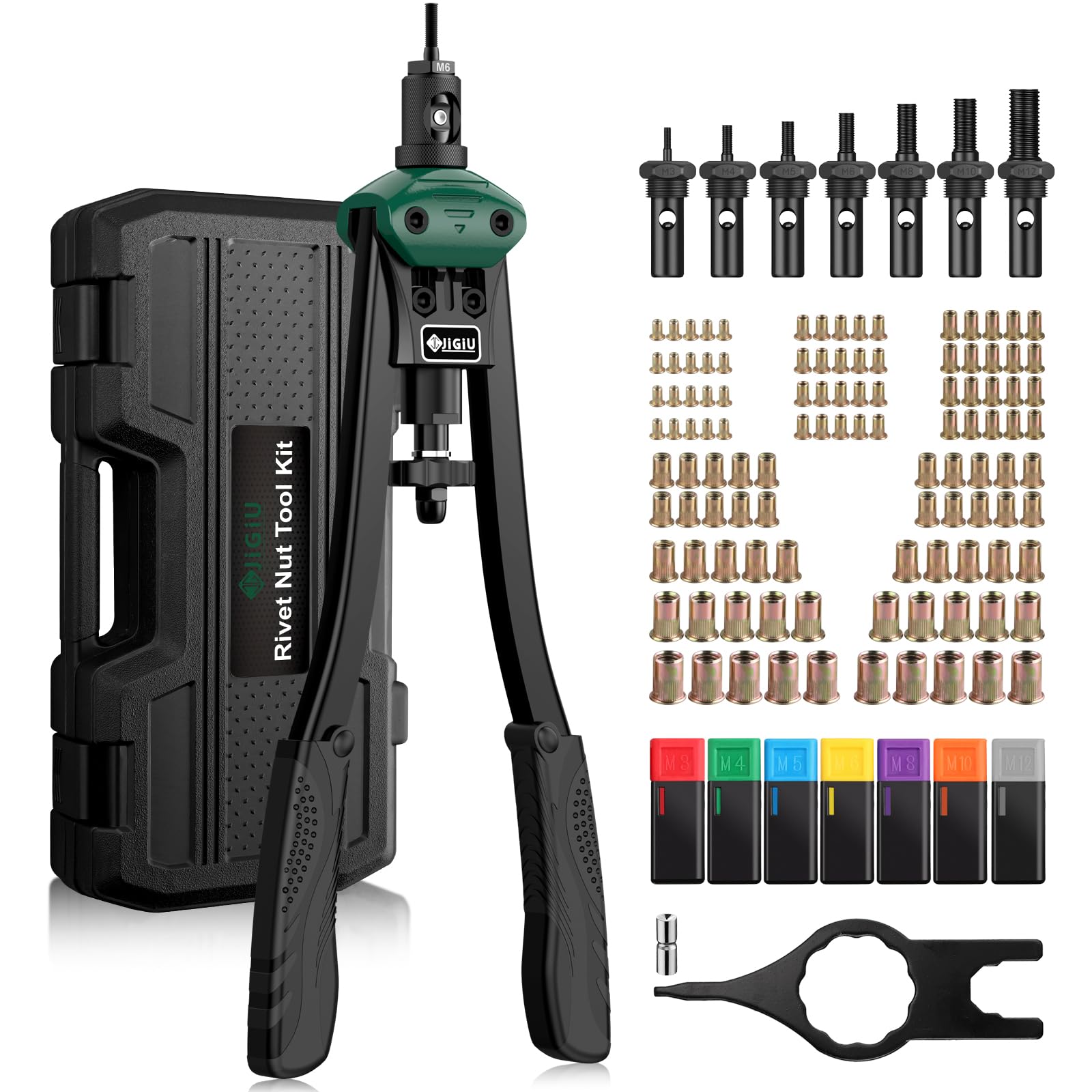 JiGiU 16" Rivet Nut Tool Heavy Duty Rivet Nut Gun Hand Riveter Nut Gun Kit Rivnut Tool Kit Nut Tools with 110PCS Rivet Nuts, 7 Interchangeable Mandrels M3 M4 M5 M6 M8 M10 M12 & Carrying Case for Work