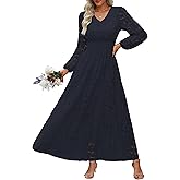 Women's Long Puff Sleeve Floral Maxi Dress V Neck Lace Eyelet Hollow Out A Line Flowy Boho Spring Wedding Guest Party Dresses