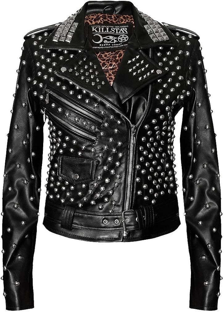 Killstar Schwarze Damen Lederjacke Bikerjacke mit Nieten und Pyramiden