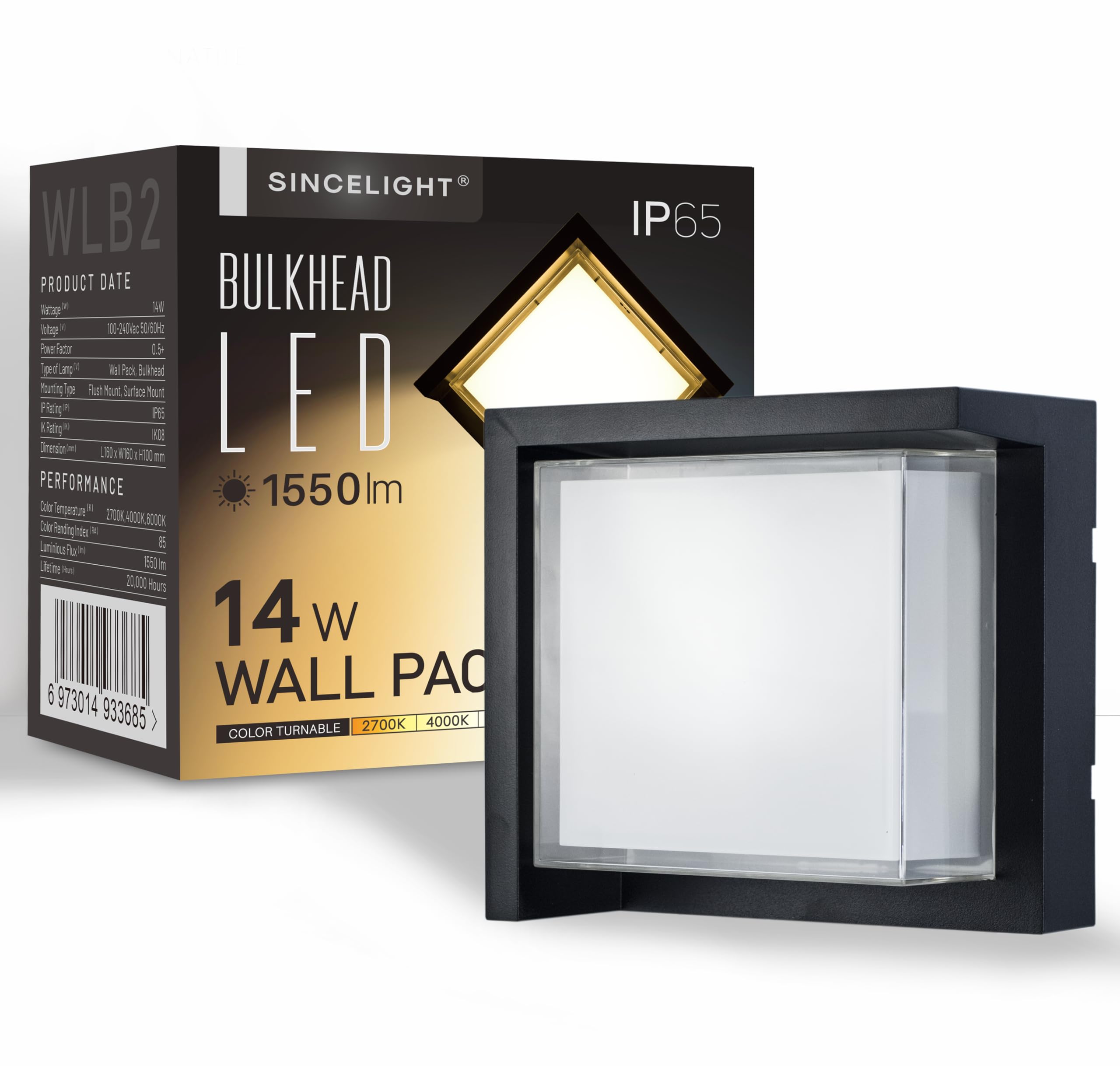 SINCELIGHT 14W LED Wall Light Fixture, IP65 Waterproof Wall Pack for Outdoors, Hardwired Modern Square Wall Sconces, Warm White to Cool White Turnable (WLB2)