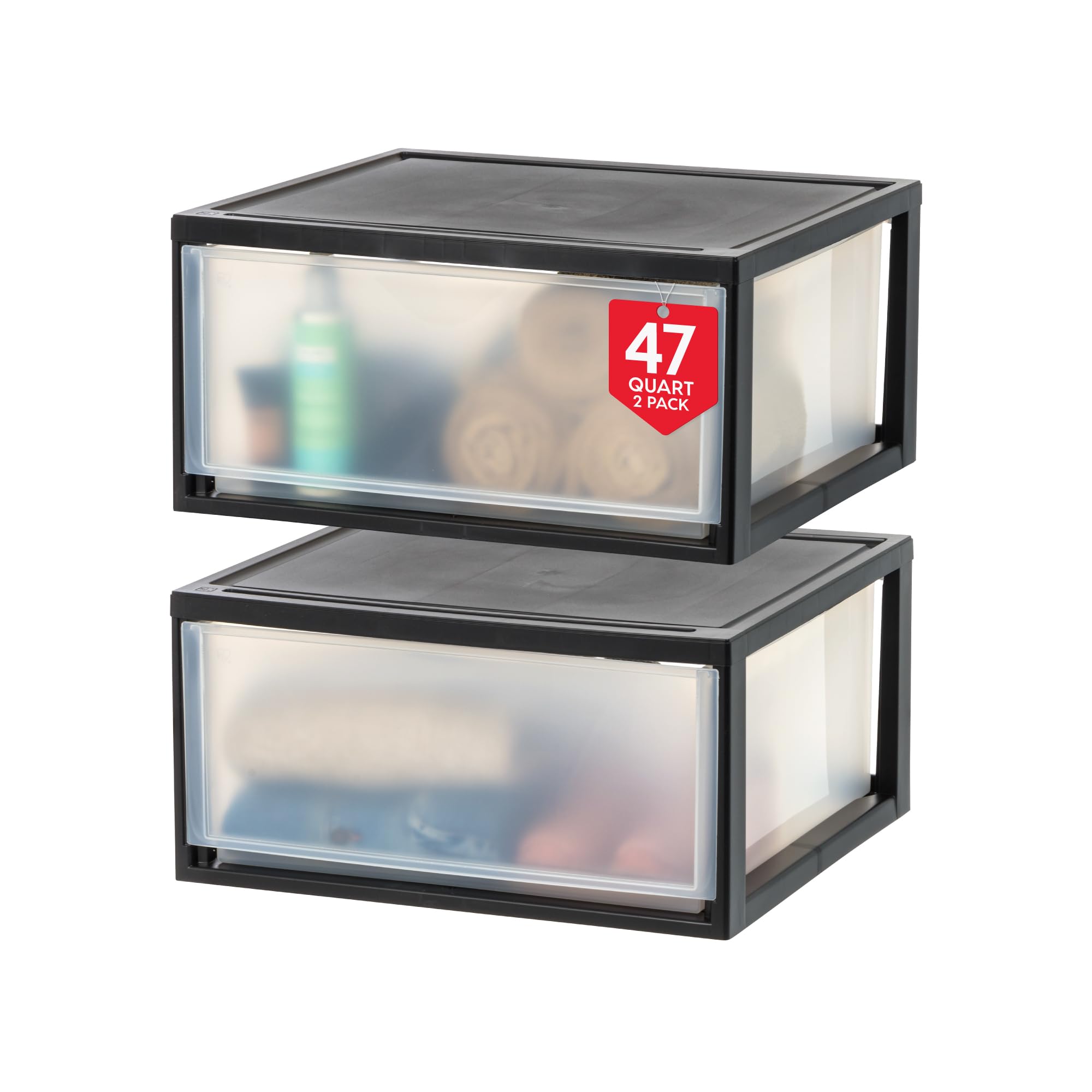 Photo 1 of ** DAMAGED**BROKEN PIECES** IRIS USA 47 Qt. Plastic Drawer Storage Organizer Stacking Drawers, 2-Pack, Stackable Unit with Sliding Drawer for Clothes Bedroom Kitchen Under Sink Pantry Craft Room Bathroom Dorm Office, Black