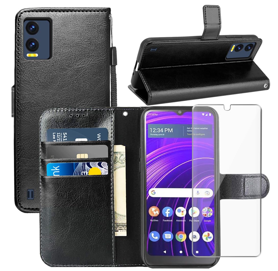 Photo 1 of YJROP for Blu View Speed 5g Case,with Screen Protector,PU Leather Wrist Strap Card Slots Shockproof Protective Flip Cover Phone Wallet Case for Blu View Speed 5g, Black