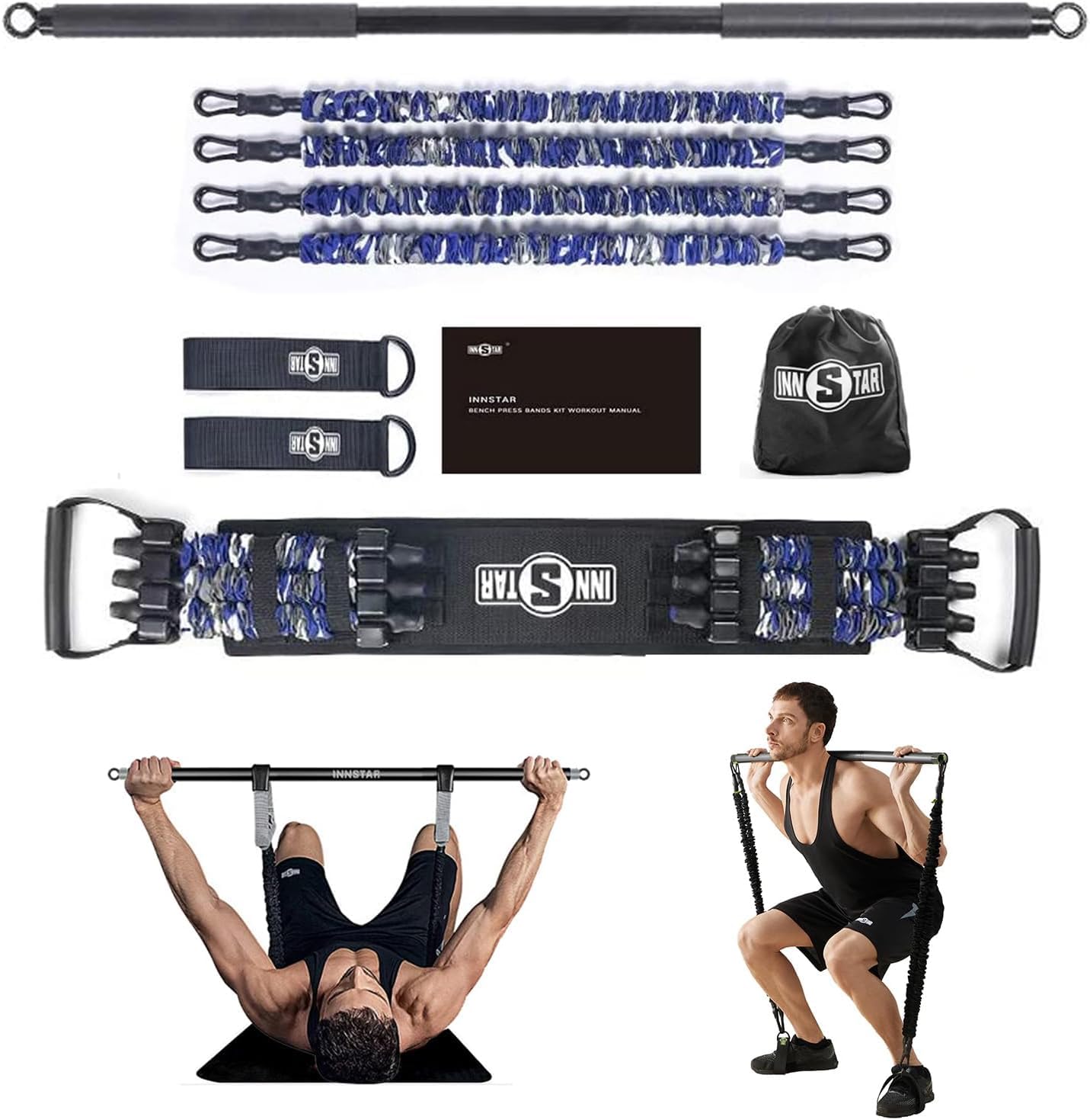 INNSTAR Portable Home Gym Set with Workout Bar, Bench Press Set, Squat Resistance Band, Door Anchor and More-Full Body Workout Equipment to Build Muscle and Shape Body (Camo Blue-105lbs)