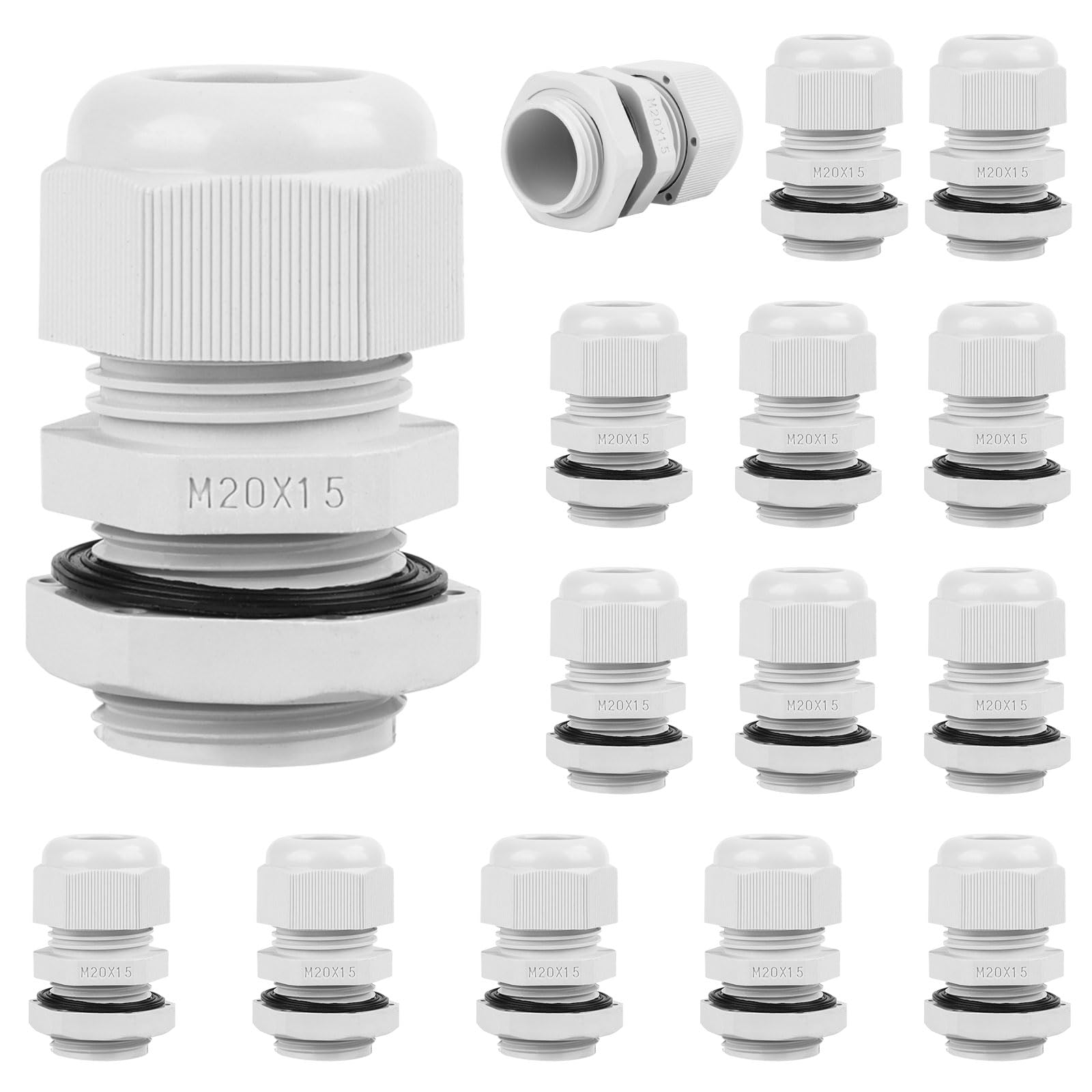 Cable Gland M20, Pack of 15 IP68 Cable Grommet Waterproof Grey Adjustable Cable Glands for Outdoor Garden Control Box Junction Box