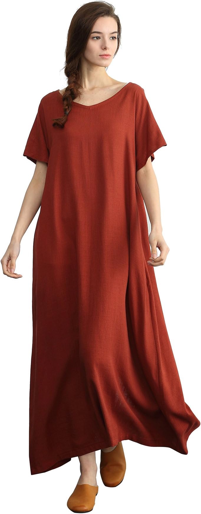Sellse Women's Linen Loose Summer Large Size Long Dress Plus Size Cotton Clothing