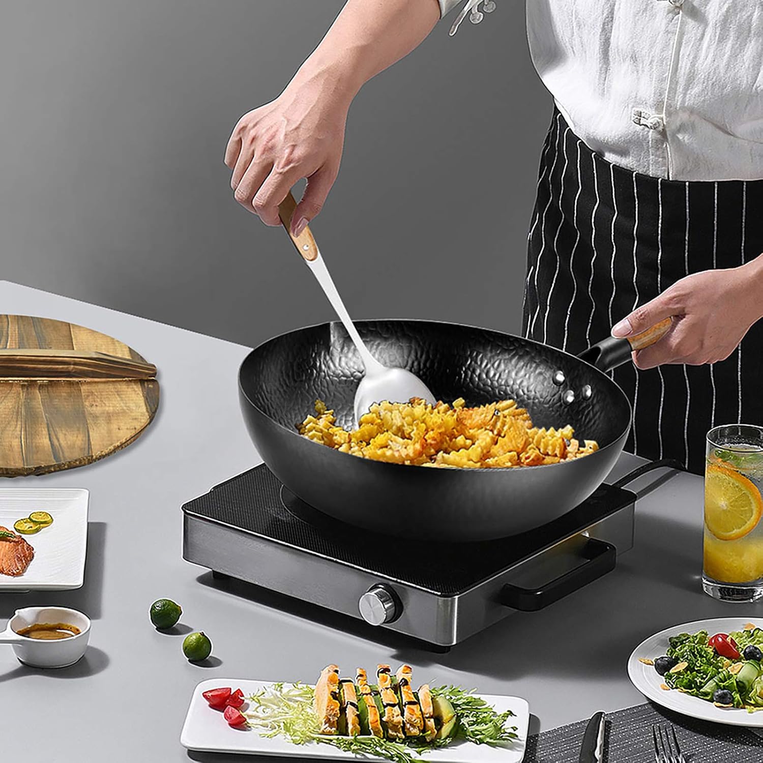 Wok pan carbon steel wok For gas stoves And electric Induction, 12.5 inch non-stick wok With wooden spatula And lid: Kitchen & Dining