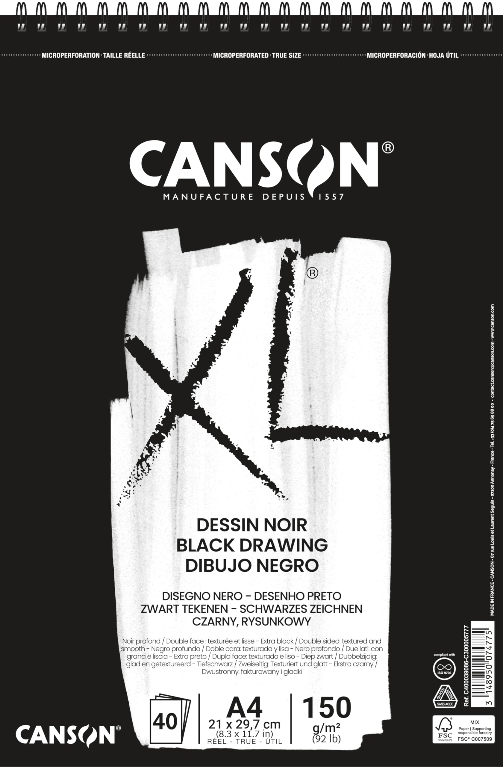 CANSON XL Black Drawing 150gsm A4 Paper, Double Sided: Grained & Smooth, Spiral Pad Short Side, 40 Black Sheets, For Professional Artists & Illustrators