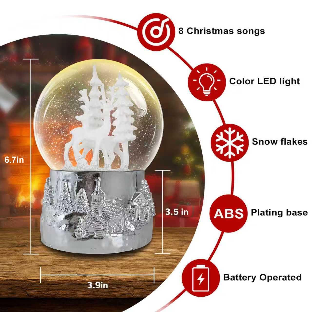 Hpoeude Winter White Deer Musical Christmas Snow Globe LED Light Up, 6.7Inch Height Water Globe, Festive Christmas Decor, Ideal Gift for Women and Adult.