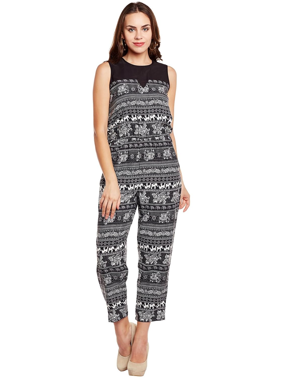 eyelet black printed poly crepe women's jumpsuit