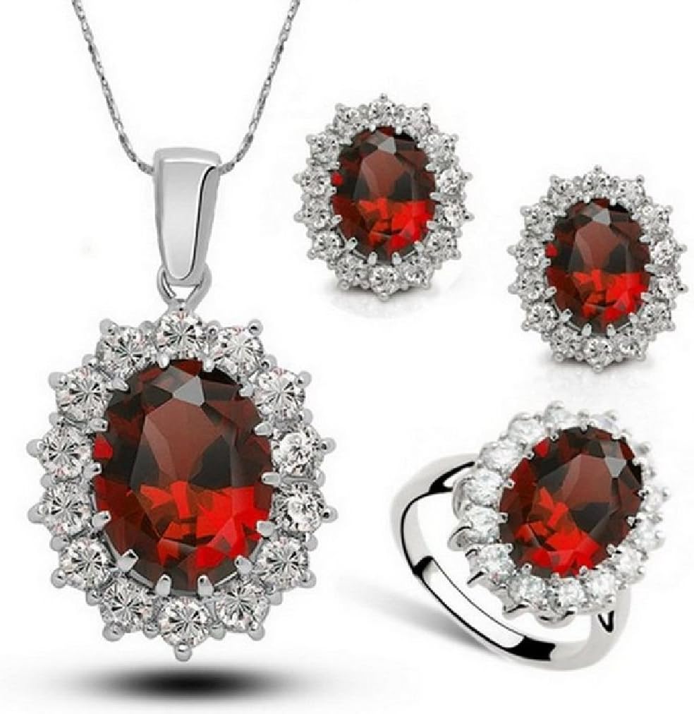 Ladies Collection Fancy Austria Crystal Necklace Ring Earrings Jewelry Set Ruby