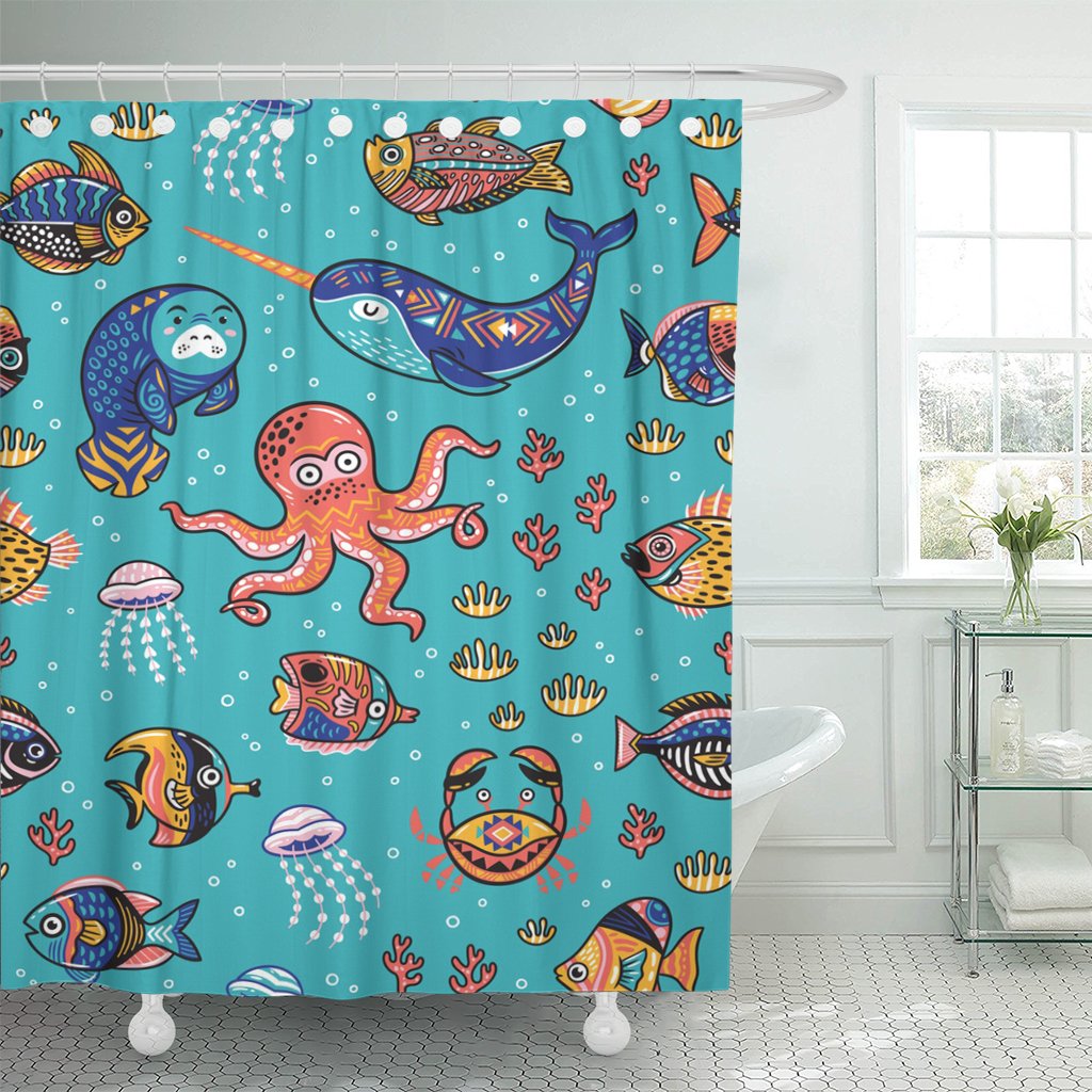 Amazon Com Tompop Shower Curtain Manatee Octopus Seal Narwhal And