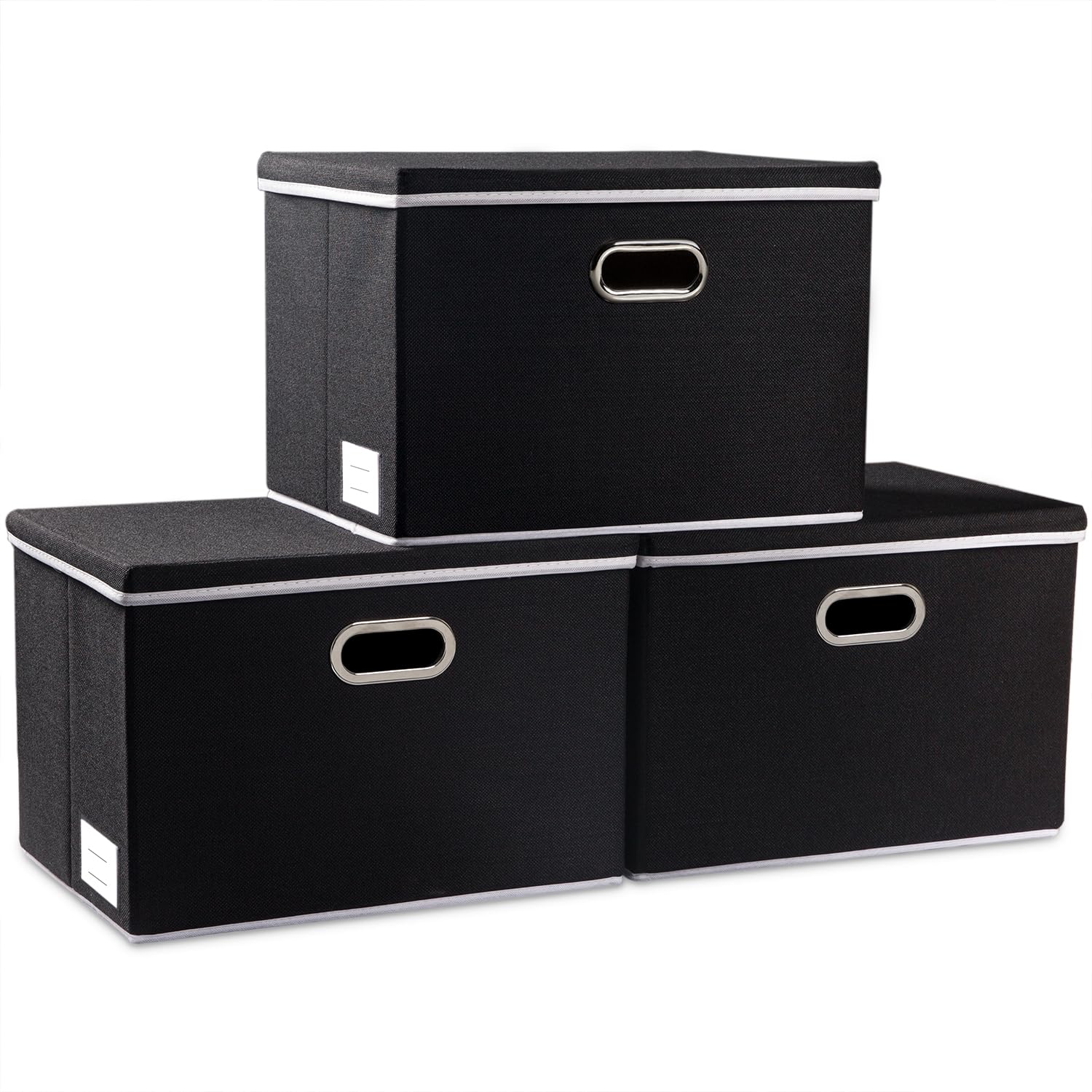 Storage Boxes with Lids Large,Collapsible Linen Fabric Storage Box,Decorative Bins,Really Useful Box,Clothing Storage,Stackable,45x30x30cm,Black[3-Pack]