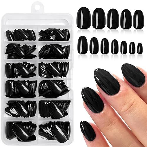 Bellelfin 240Pcs Short Press on Nails Oval, Glossy Black Nails Press ons Full Cover Fake Nails Acrylic Press on Nail Short Glue on Nails for Women Girls