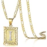 KissYan Initial Letter Pendant Necklace for Mens Womens, 14K Gold Plated Square Capital Monogram Necklaces Alhpabets from A-Z Figaro Chain Jewelry Gift