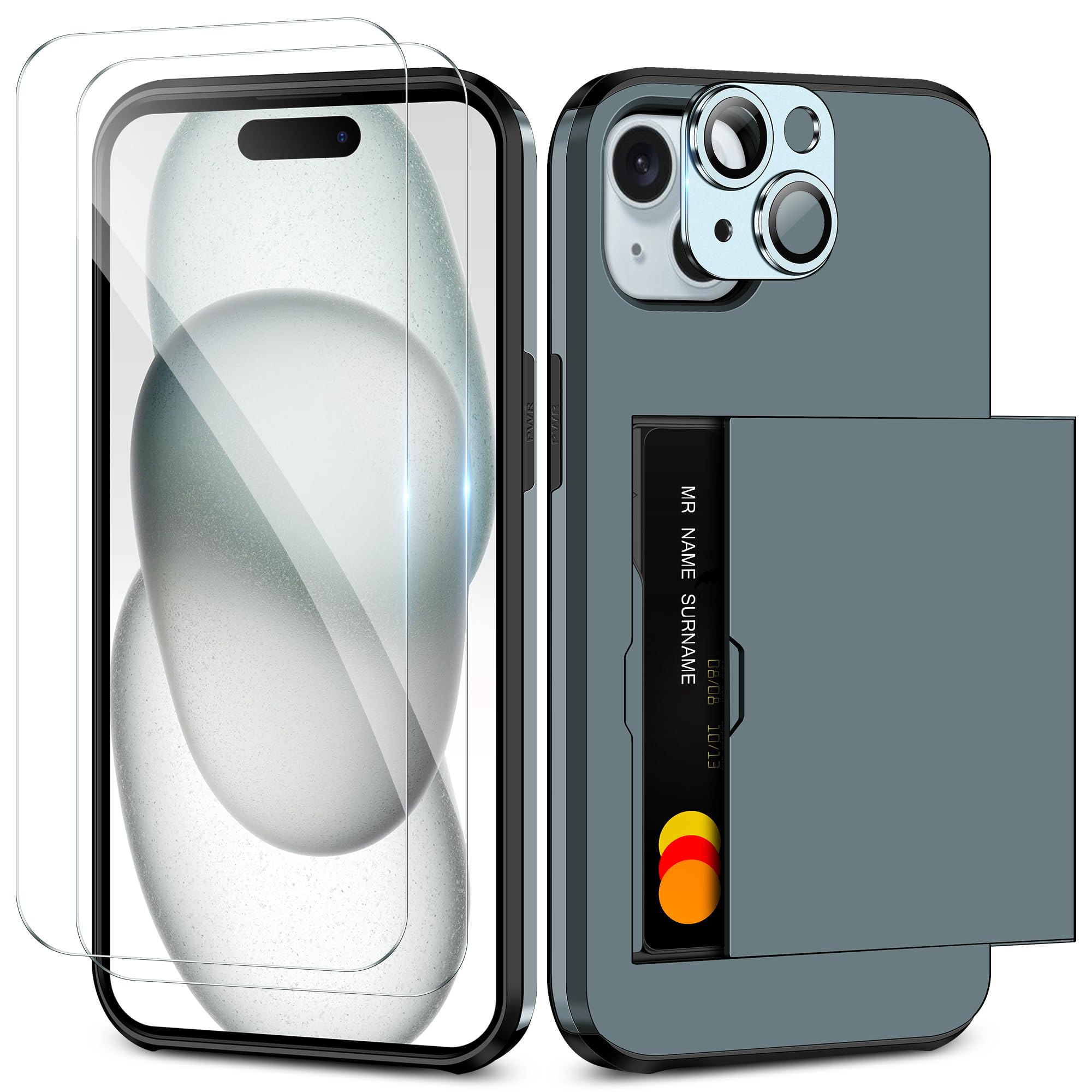 Coolden for iPhone 15 Plus Case with Card Holder & 2 Screen Protector + 1 Camera Lens Protector Full Body Heavy Duty Protective Case Shockproof Wallet Case Cover for iPhone 15 Plus Phone Case-Navy โ image 1