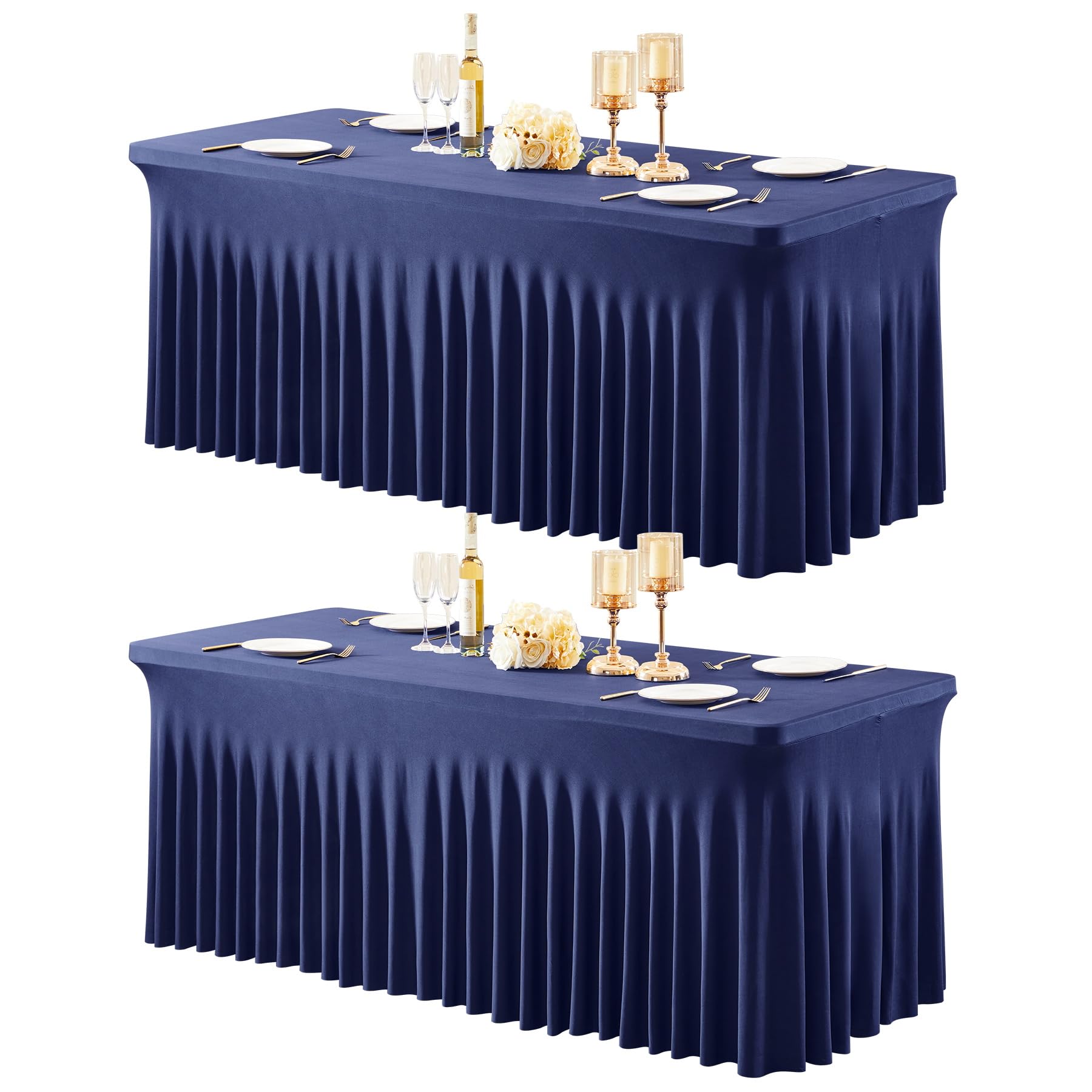 Photo 1 of 2 Packs Navy Blue Table Clothes for 8 Foot Rectangle Tables, One-Piece Wrinkle Resistant Stretch Spandex Table Covers with Table Skirt for Event Banquet Wedding Birthday Party