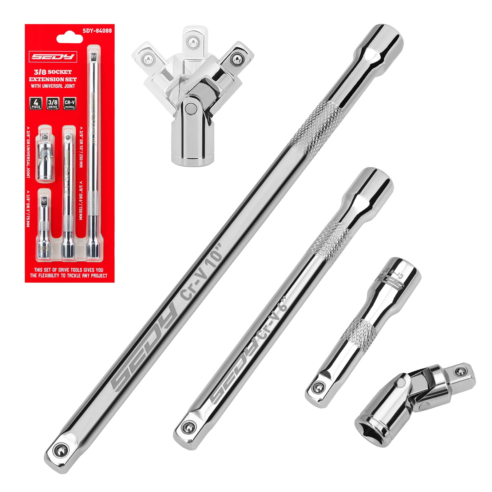 Photo 1 of 4-Piece 3/8" Drive Socket Extension Bar Set, Professional Socket Extension Set Include 3, 6, and 10 Inch Extensions and 3/8 Inch drive Universal Joint Sockets, Premium Cr-V Steel Construction