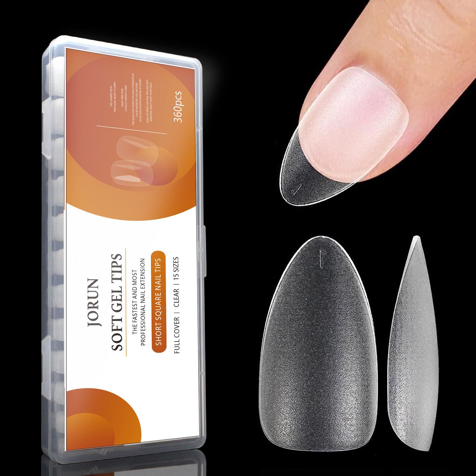 Almond Nail Tips 360PCS Short Nail Tips Extensions Matte No File Soft Gel Full Cover Clear False Nails for Acrylic Extensions 15 Different Sizes, Fit All Nails
