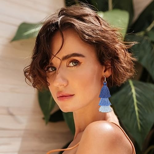FINREZIO Dangle Tassel Blue Earring for Women Boho Earring Long