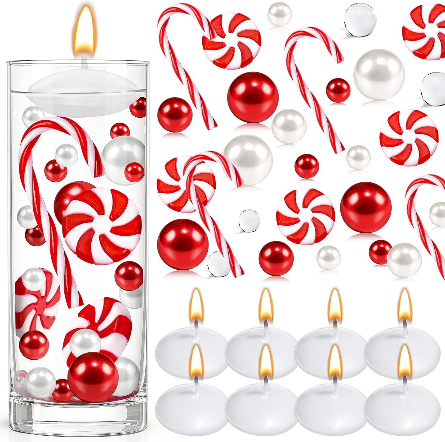 Vase Fillers - HOMEBROS 6128 Pcs Christmas Vase Filler Decorations, DIY Christmas Vase Fillers Centerpiece Floating Candles Pearls Water Gel Beads Candy Cane for Dinner Table Festival Party Decor - Red and White