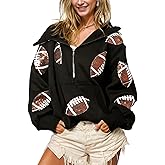 Joiemont Womens Football Sequin Rugby Patches Half Zip Up Fleece Hoodie Casual Pullover Long Sleeve Zipper Sweatshirt