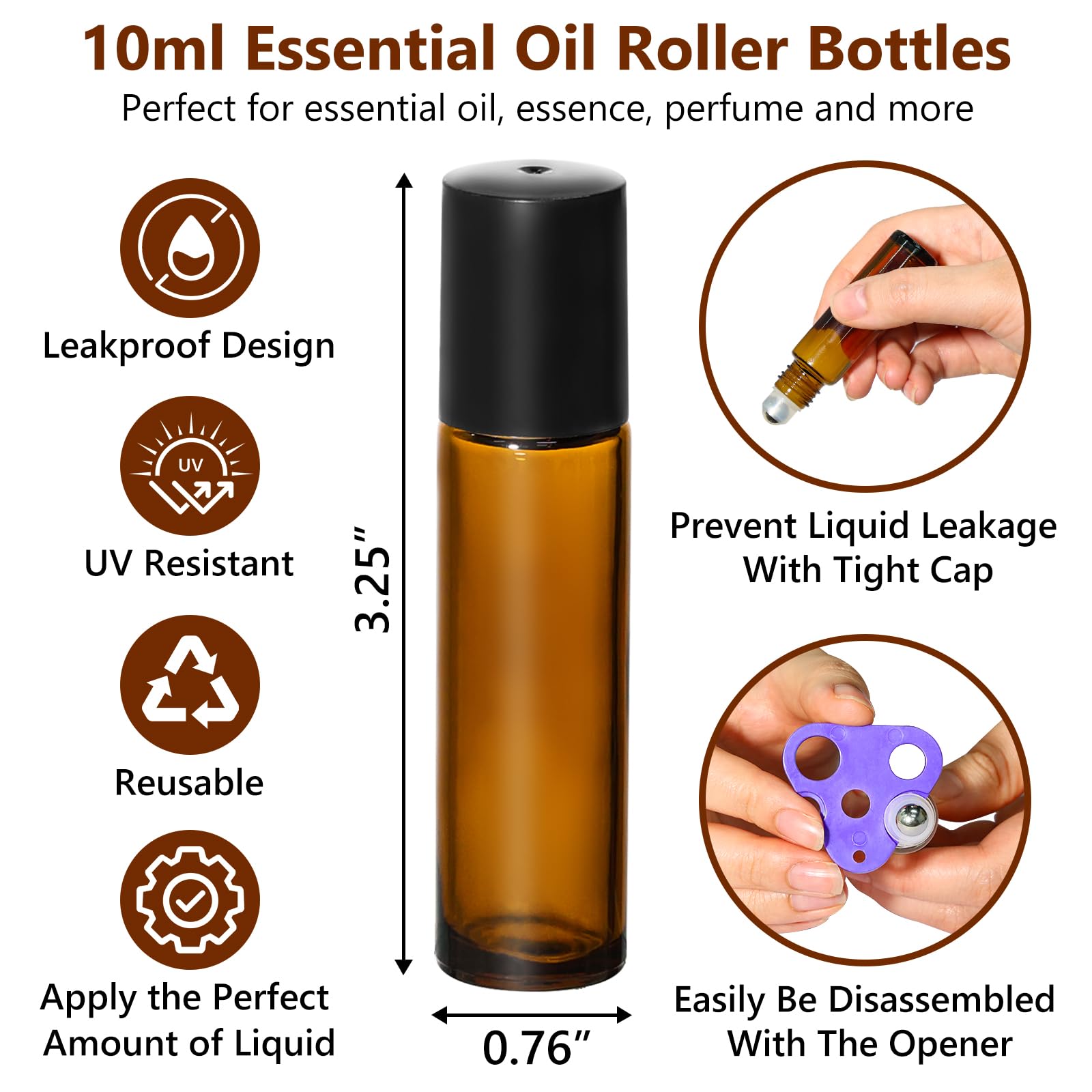 KEYWING 54 Pack Empty Essential Oil Roller Bottles – 10ml Amber Glass Roll-On Bottles with Stainless Steel Roller Balls & Caps, Refillable Perfume Containers for DIY & Travel