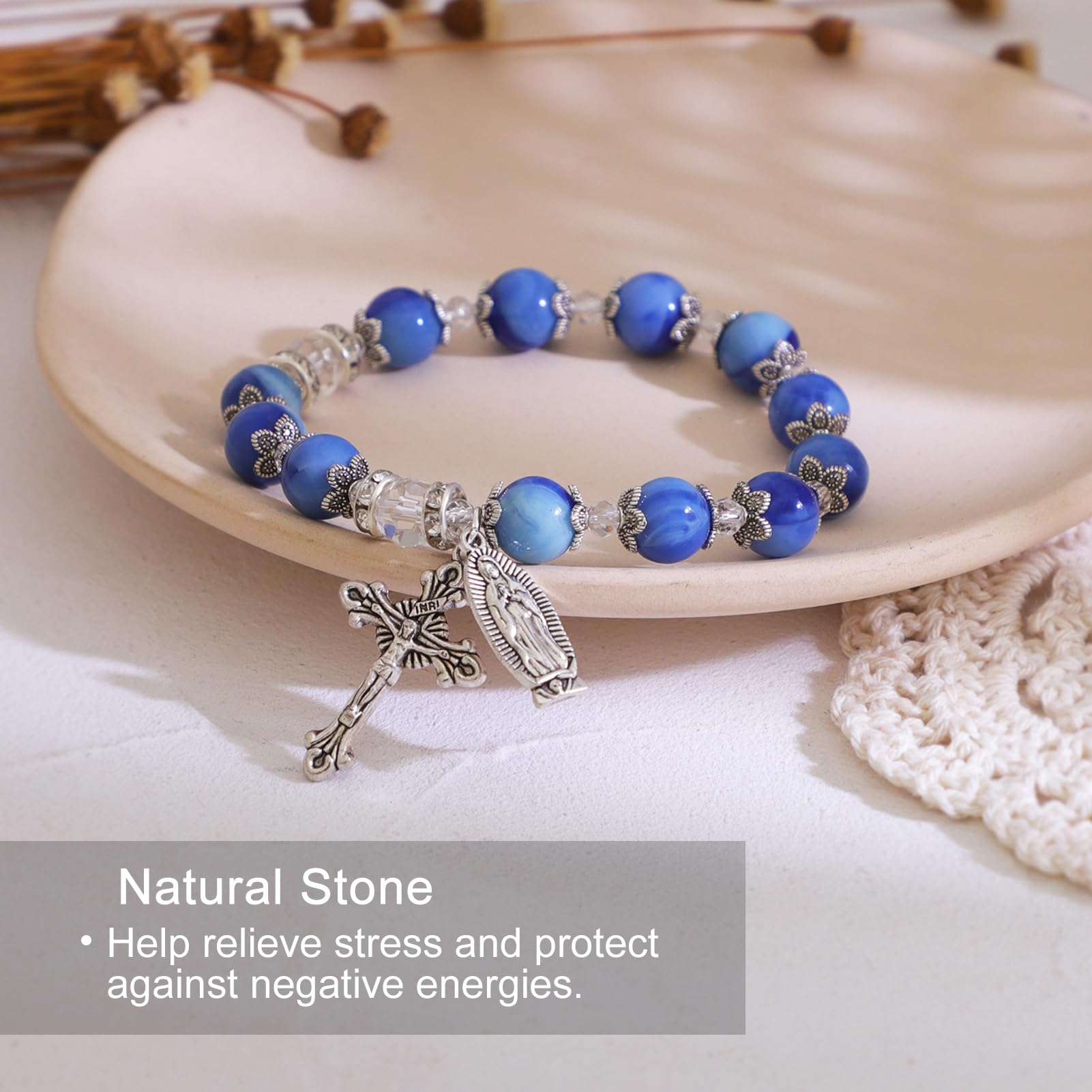 KOMI Gemstone Beaded Stretch Bracelet 8mm & 10mm Beads Rosary Bracelet with Crucifix Cross, Beads Bracelet for Women & Men Catholic Religious Jewelry