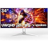 CRUA 34'' White Gaming Monitor, 165HZ/144HZ, WQHD(3440x1440P) IPS UltraWide Screen Computer Monitors with Built-in Speakers, Supports FreeSync, 120% sRGB, HDMI 2.0 & DP 1.4, Wall Mountable Installs