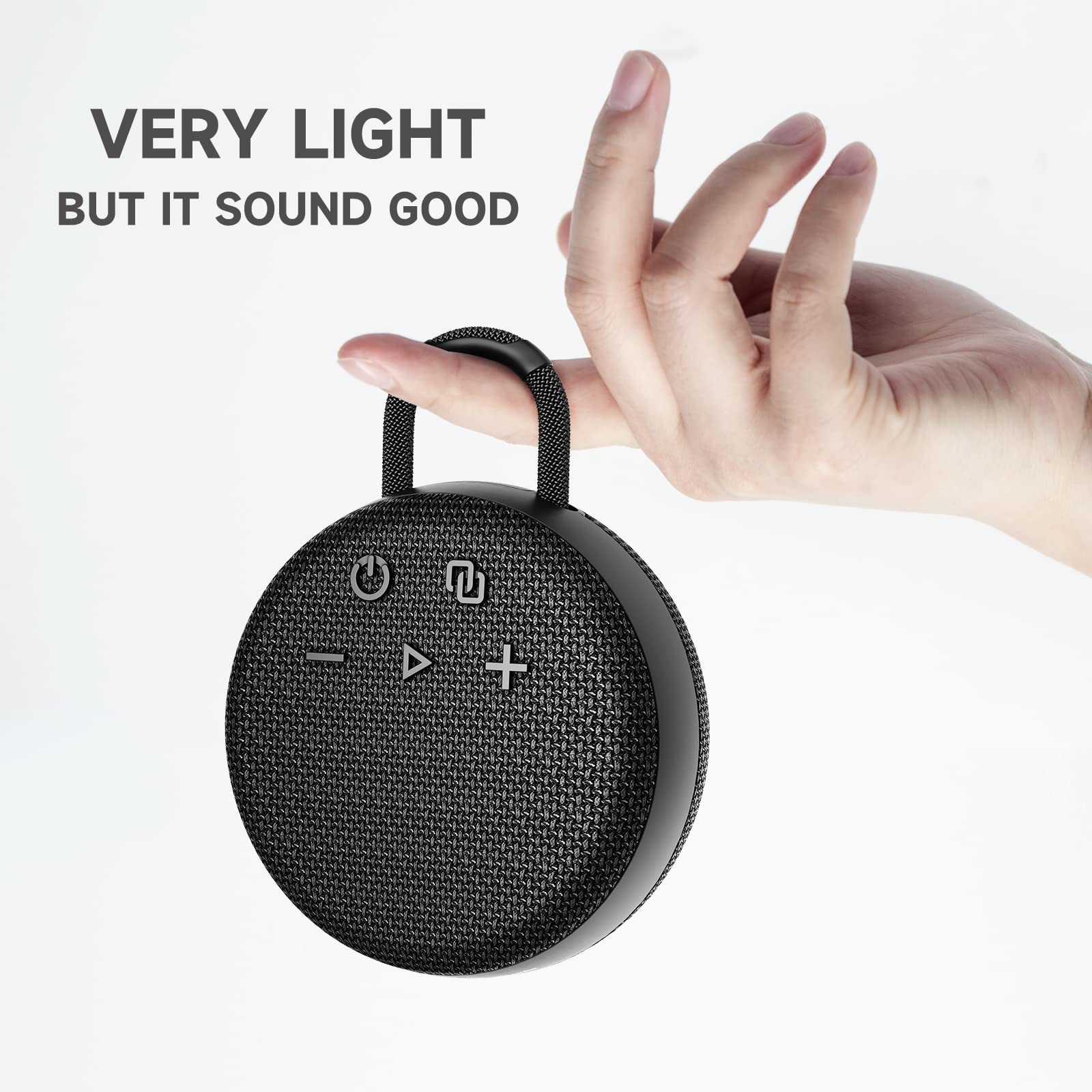 MusiBaby Mini Bluetooth Speaker – Bluetooth 5.3 with 6956C Chipset, IPX7 Waterproof, Rubberized Shell, Clip-On Lanyard, Ultra-Portable for Shower, Pool, Teens, Backpack, Gifts (Black)