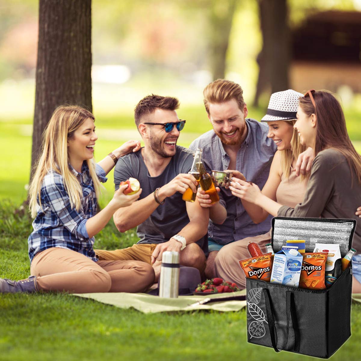 grocery bags cooler bag Insulated Food Delivery Grocery Bag (Set of 2) Collapsible Extra Large Reusable Shopping Tote Zipper TOP LID for Hot or Cold Food Reinforced - 600D Oxford Cloth Made - 32ounce