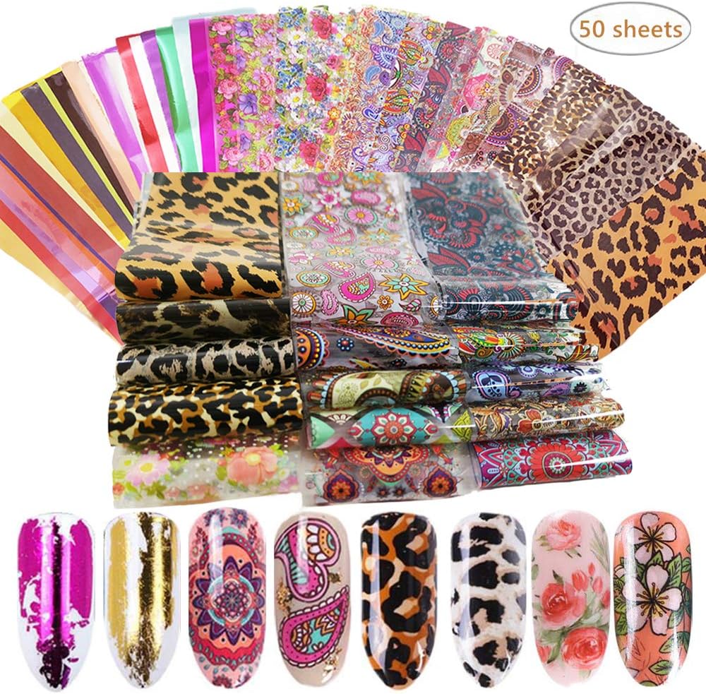 Valuu 50 Sheets Nail Art Foil Transfer Stickers Laser Flower Leopard Print Nail Foil Adhesive Decals Starry Sky Manicure Transfer Tips Nail Art DIY Decoration Kit: Arts, Crafts & Sewing