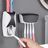Automatic Toothbrush Dispenser Wall Mount Toothpaste Squeezer and Toothbrush Holder Set for Kids Family Bathroom Use (Black)
