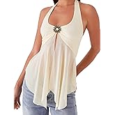 Women Y2k Sheer Mesh Halter Top Chiffon Open Front Split Hem Flowy Tank Tops Backless V-Neck See Through Cami Shirt