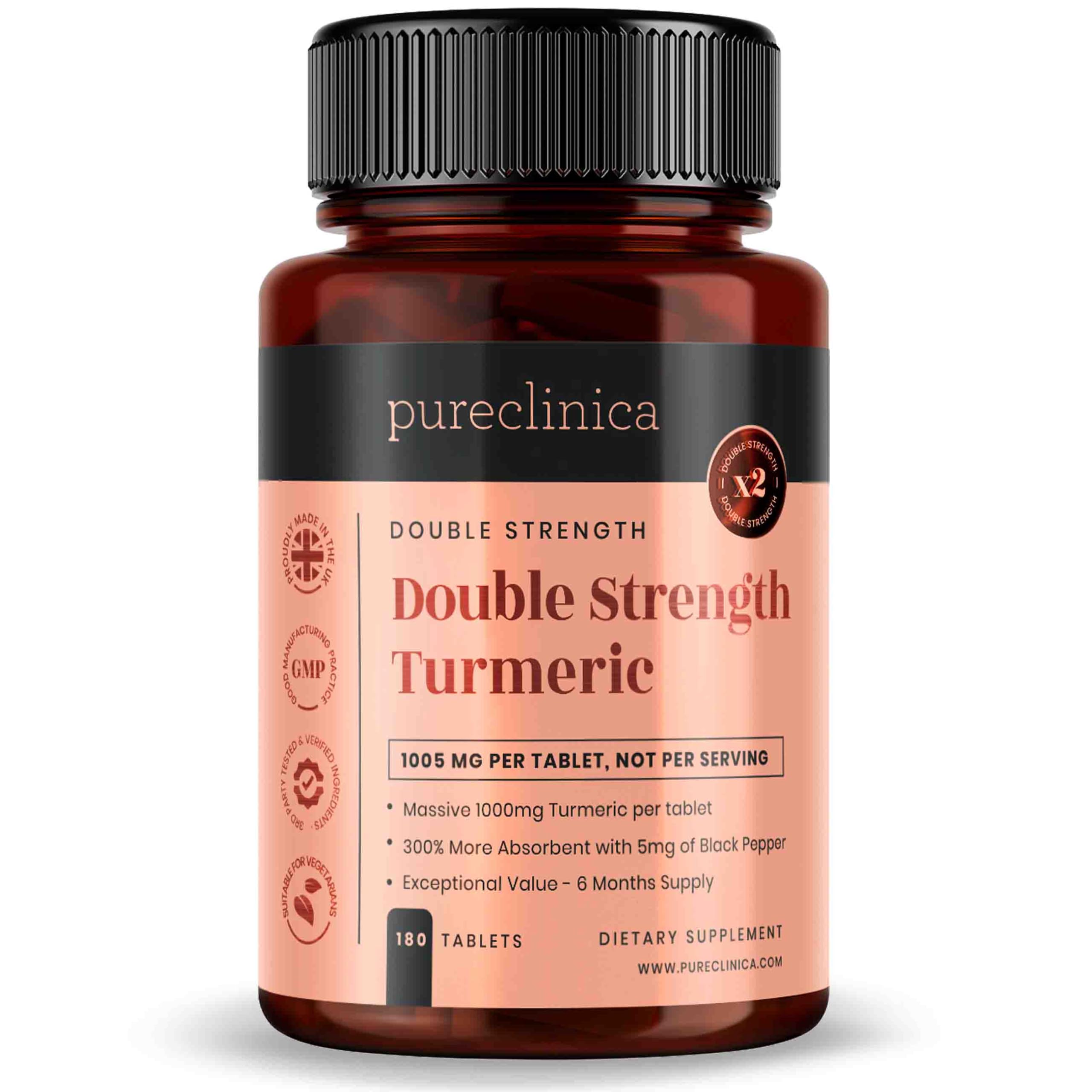 Double Strength Turmeric - 1000mg x 180 Tablets - Natural Levels of Curcumin - and 5mg Black Pepper Extract.
