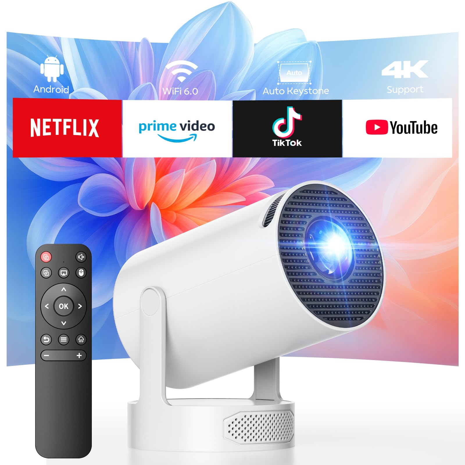Photo 1 of Mini Projector with WIFI and Bluetooth, 4K Support Portable Movie Projector with 5W Sound base Speaker, 300 ANSI, 220° Rotation, Auto Keystone Video Projector, Compatible with HDMI, USB, Phone