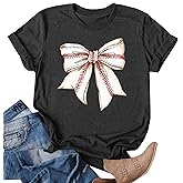 Baseball Shirts for Women Baseball Bow Graphic T Shirt Baseball Mom Short Sleeve Tee Game Day Gifts Tops