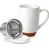 MALACASA Ceramic Tea Mug with Lid and Stainless Steel Infuser, 18 oz Large Tea Cup for Loose Leaf Tea, Heat-Resistant, Microwave & Dishwasher Safe, Speckled Glaze Coffee & Tea Brewer Mug, Khaki White