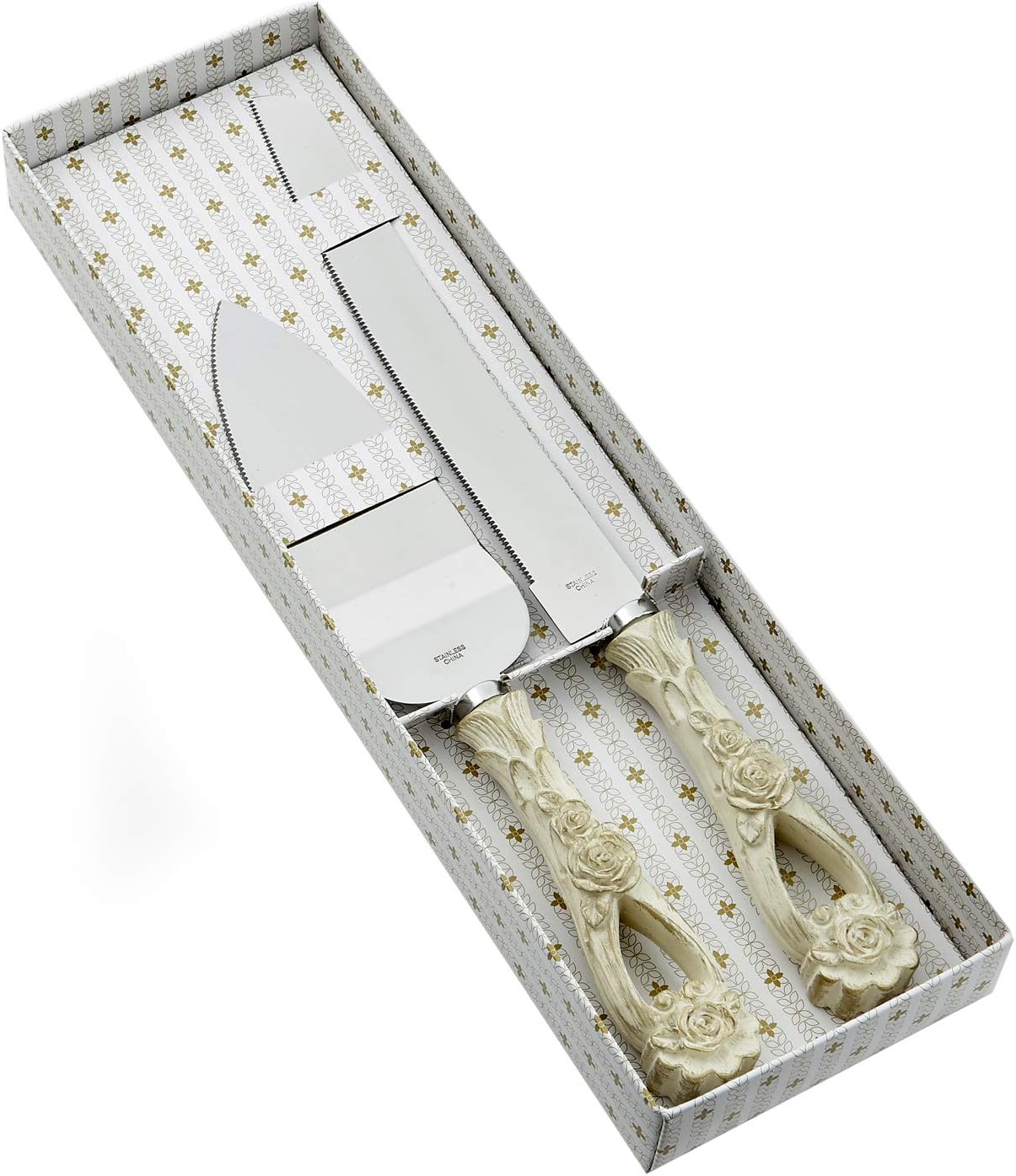 FashionCraft Vintage Rose Design Wedding Knife and Cake Server Set, Ivory
