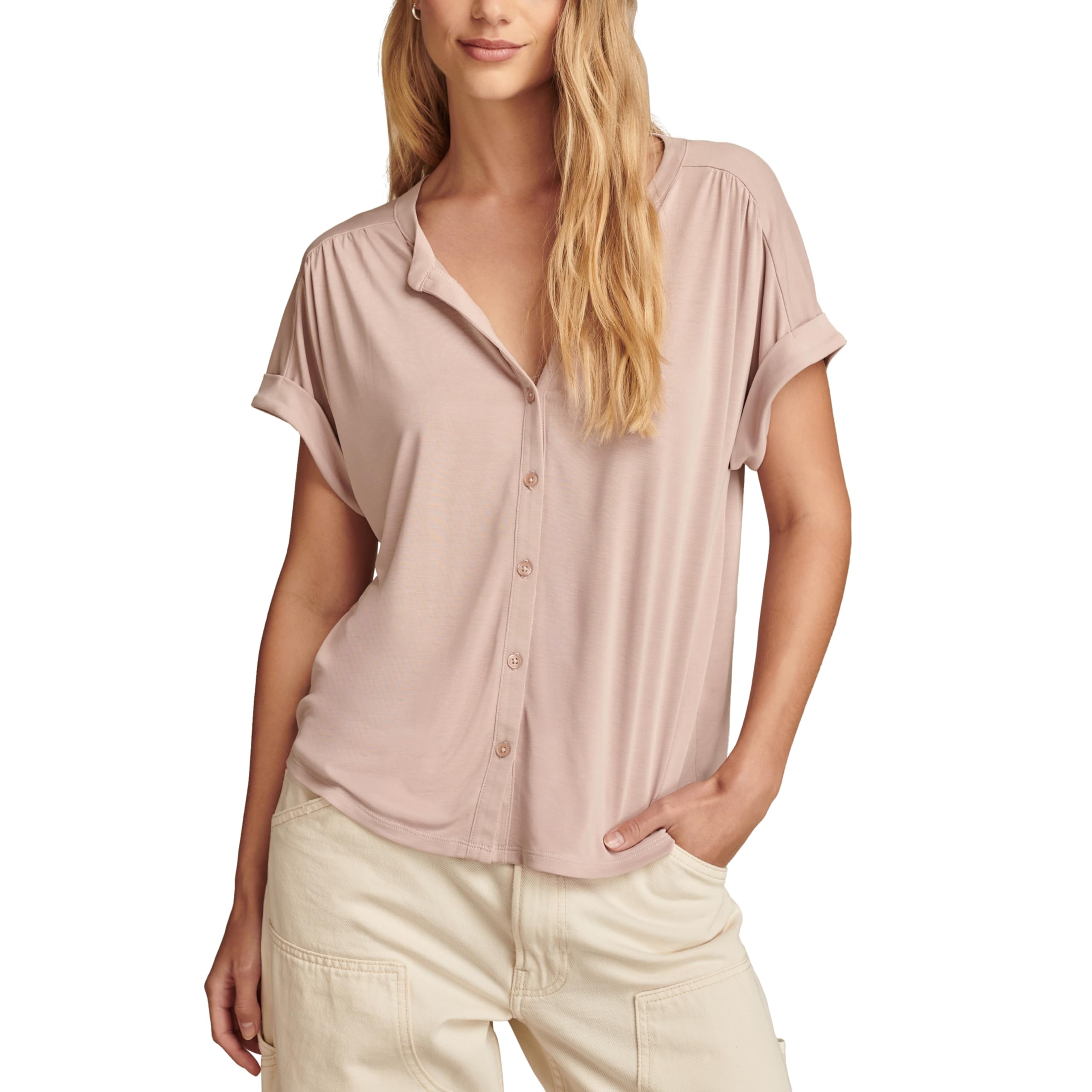 Lucky Brand Women’s Sandwash Short Sleeve Button Front Top, Rose Dust