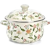 Jucoan 5 Quart Enamel Stockpot with Lid, Green Floral Enamelware Cooking Pot Simmer Pot with Dual Handles for Stovetop, Large