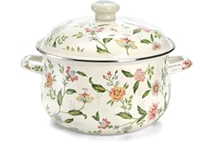 Jucoan 5 Quart Enamel Stockpot with Lid, Green Floral Enamelware Cooking Pot Simmer Pot with Dual Handles for Stovetop, Large