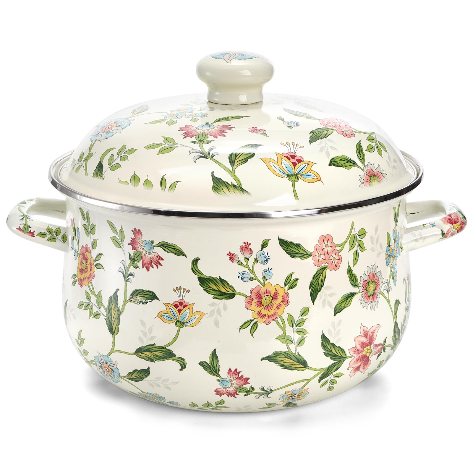 Photo 1 of Jucoan 5 Quart Enamel Stockpot with Lid, Green Floral Enamelware Simmer Pot Cooking Pot with Dual Handles for Stovetop, Large Soup Pot Gift for Wedding Housewarming Bridal Shower
