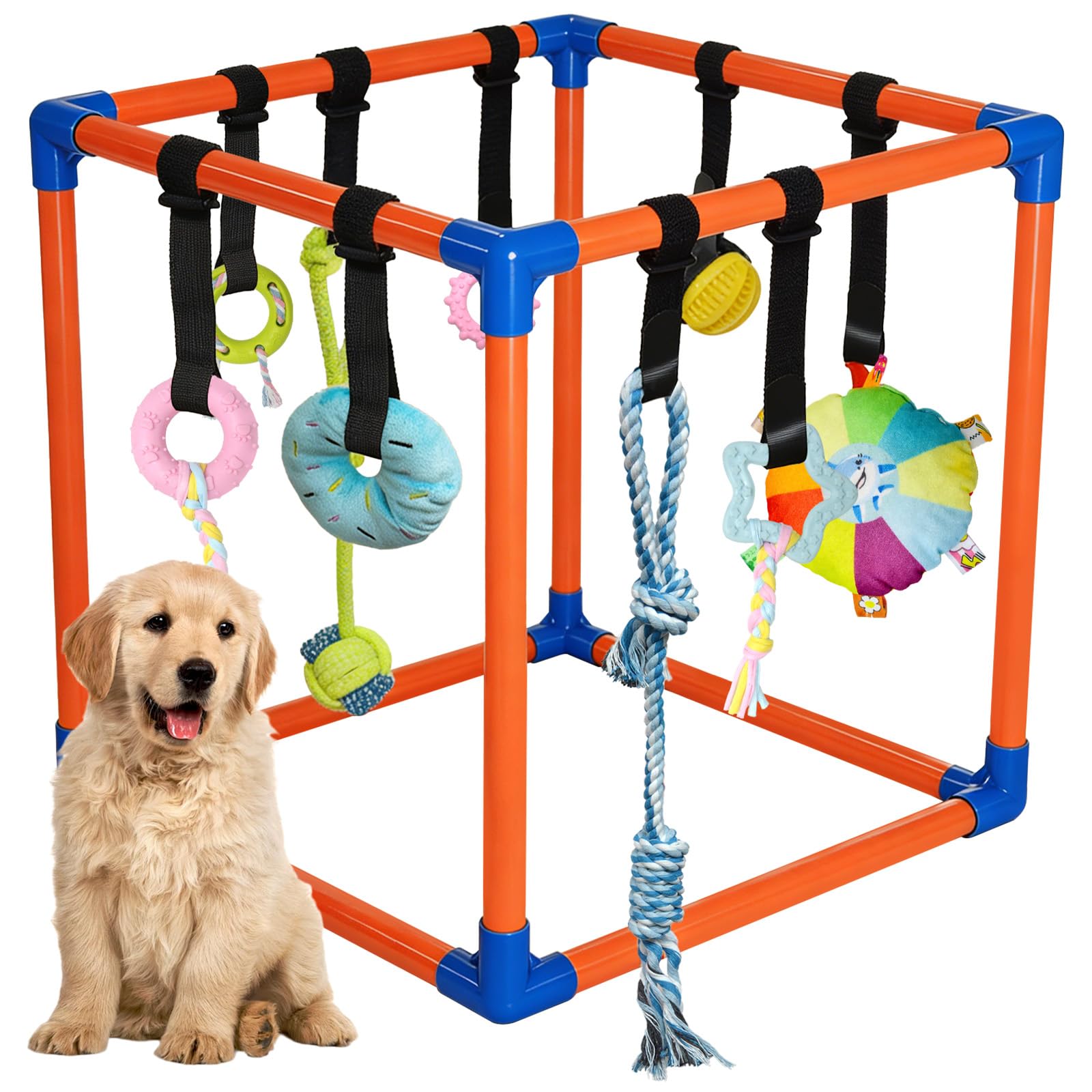Photo 1 of Flickzy Puppy Play Gym with 9 Hanging Toys for Small Dogs, PVC Frame with Bungee Straps, Interactive Indoor Jungle Playground for Entertainment, Teething and Mental Stimulation