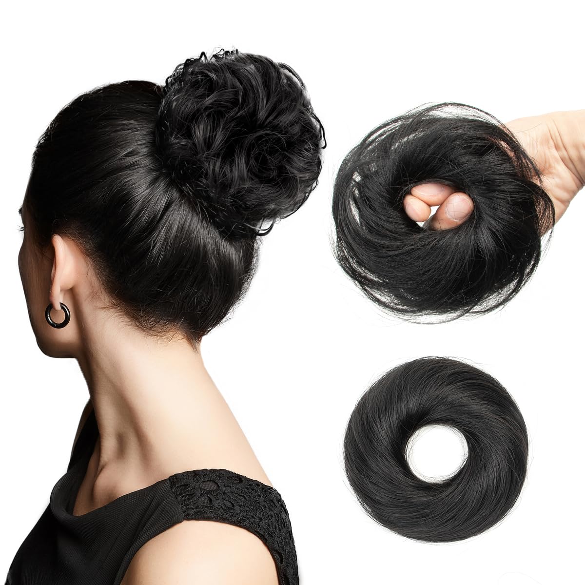 Hair Bun for Women, Messy Bun Hair Piece Human Hair, Black Ponytail Extensions Hair Accessories Elastic Easy Scrunchie for Women — image 1