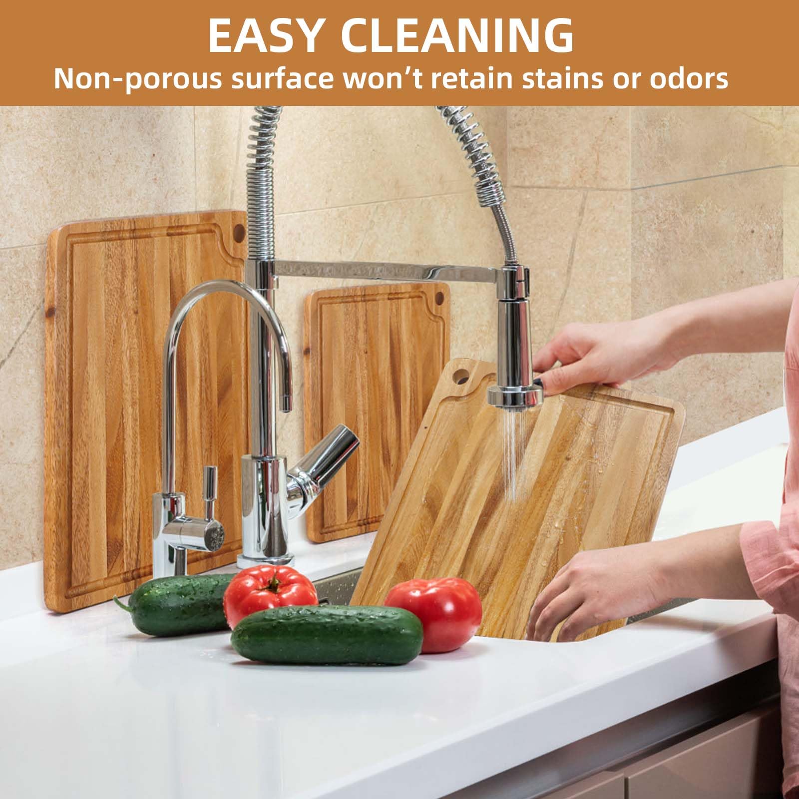 Acacia Wood Cutting Boards Set for Kitchen, Caperci Large Wooden Cutting Chopping Boards Set of 3 with Deep Juice Groove and Handle Hole for Meat, Veggies and Fruit (17x12, 14x11, 11x8 inch)