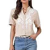 Allegra K Summer Tops for Women Cotton Floral V Neck Short Sleeve Shirt Embroidered Blouses Tunic