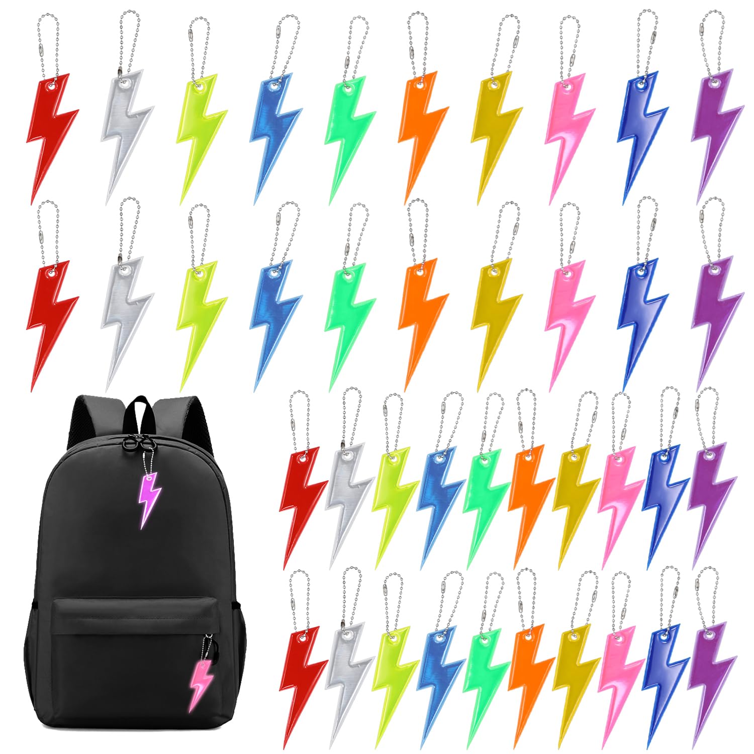 PEUTIER 40pcs Safety Reflector Pendants, 10 Colors Kids Reflective Keychain with Chains Waterproof Keyring Double-Sided Reflective Key Chain for Backpack School Bag Walking Running Cycling