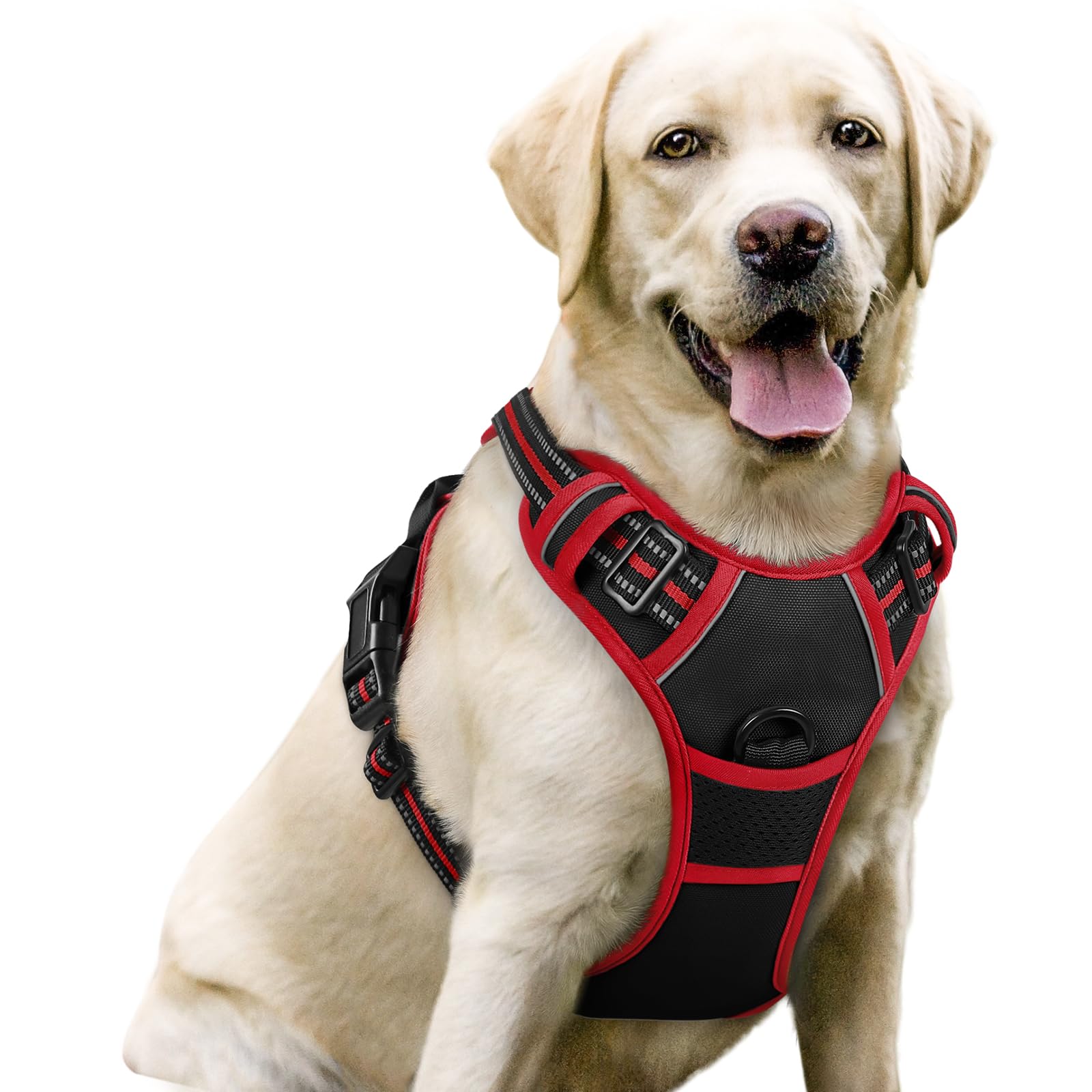 rabbitgoo Dog Harness Large Dog No Pull Pet Harness with 2 Leash Clips, Adjustable Soft Padded Pet Vest, Reflective No-Choke with Easy Control Handle for Training or Walking, Black Red L