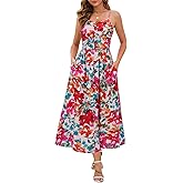 Annebouti Women 2026 Summer Spring Ruched Maxi Dress Adjustable Spaghetti Strap Floral Beach Long Sundress with Pockets