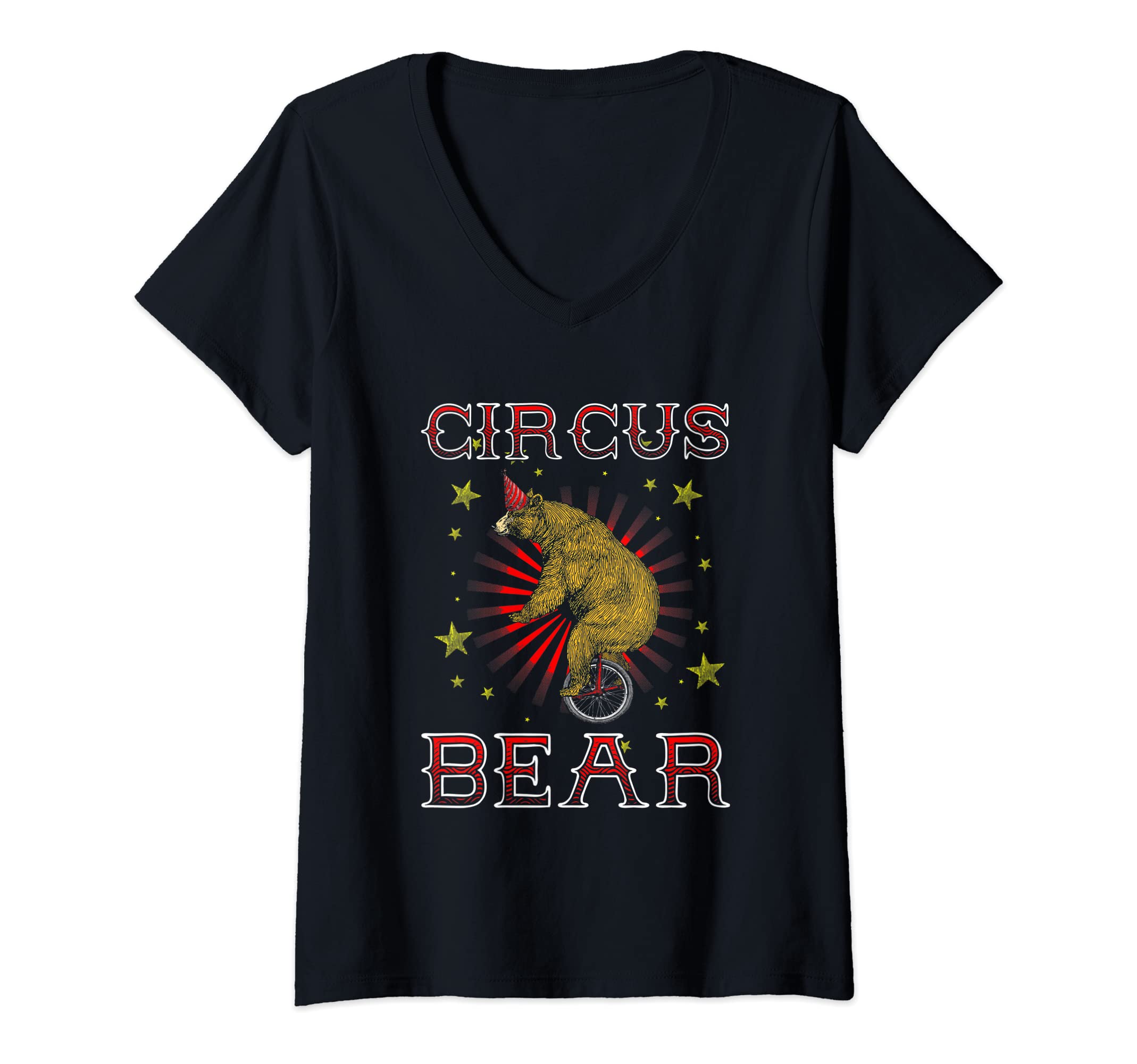 Womens Funny Circus Bear Carnival Unicycling Trained Bear Animal V-Neck T-Shirt